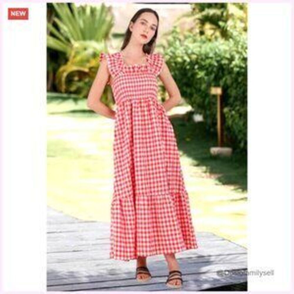 Retro Plaid Smocked Dress with Pockets, Spaghetti Strap, Flounce Hem - Picture 3 of 5